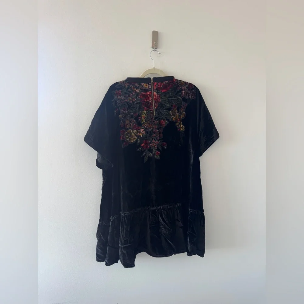 Free People Black Velvet Mini Dress with Red & Green Floral Embroidery